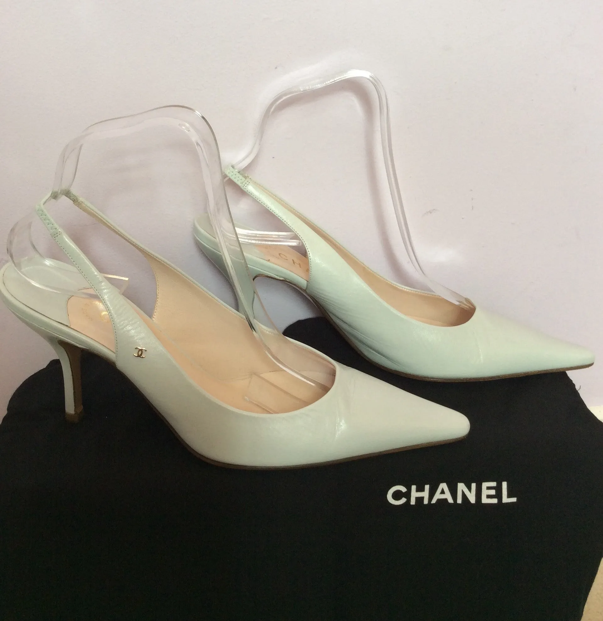 Brand New Chanel Palest Blue Leather Slingback Heels Size 5.5/38.5