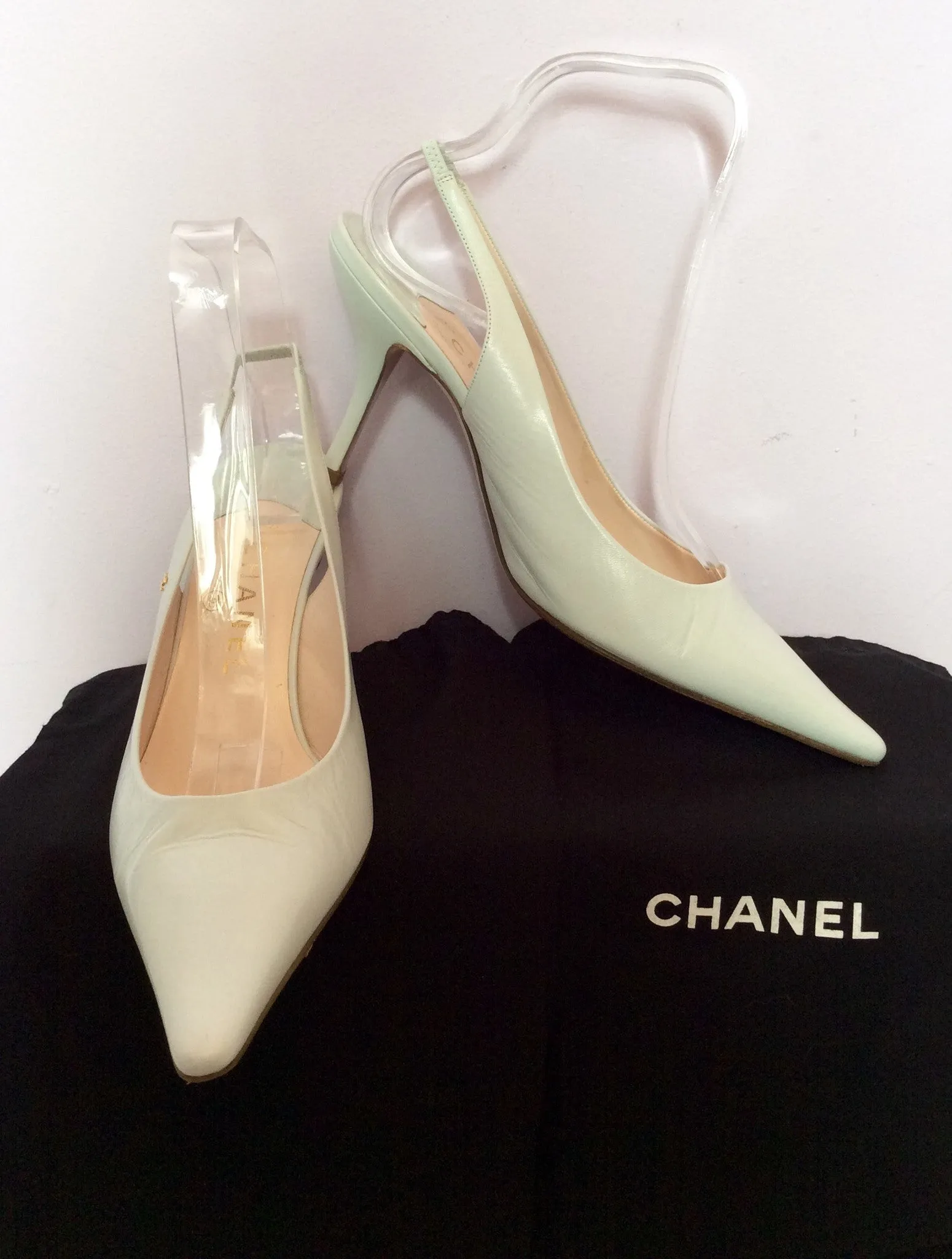 Brand New Chanel Palest Blue Leather Slingback Heels Size 5.5/38.5