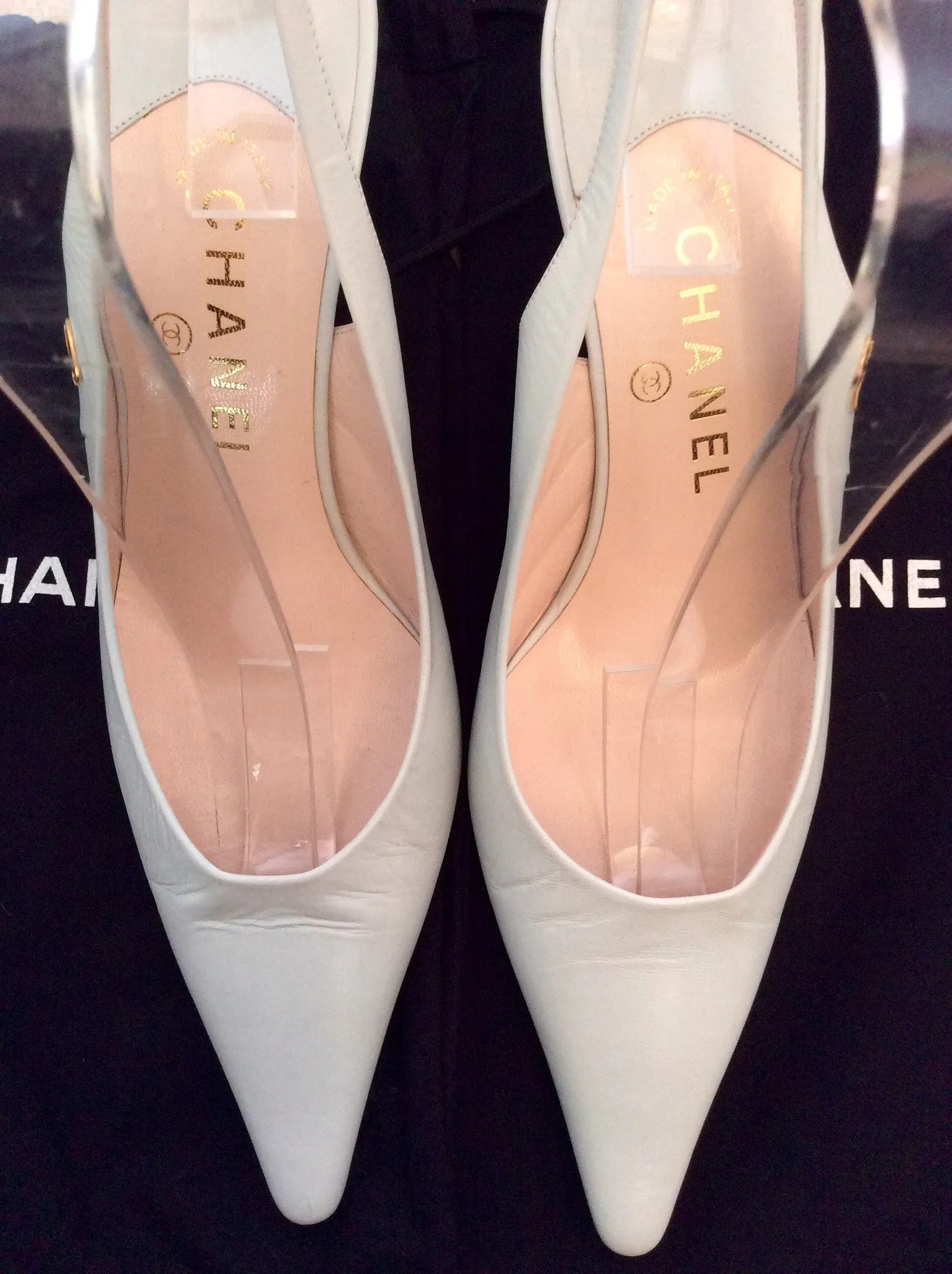 Brand New Chanel Palest Blue Leather Slingback Heels Size 5.5/38.5