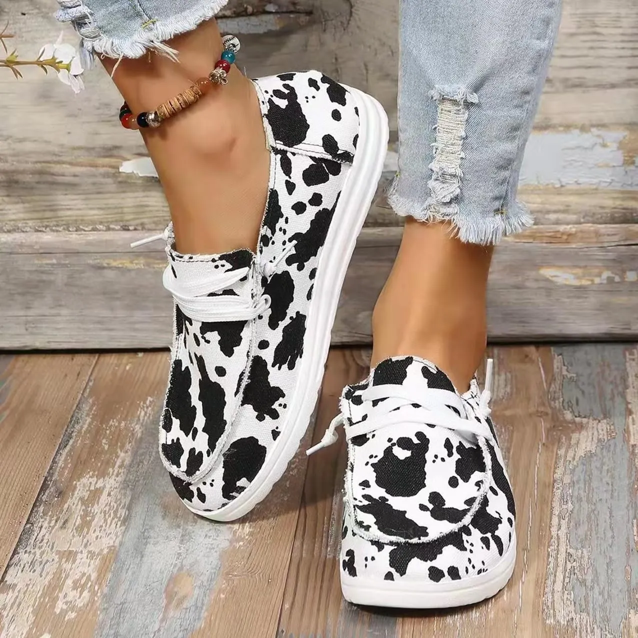 Canvas Sneakers for Women Slip-Ons Flats Ladies Loafers Men Comfort Lace Up Loafers Shoes Foam Flat Shoes Lace-Up Slip On Women Comfortable Print Sneakers