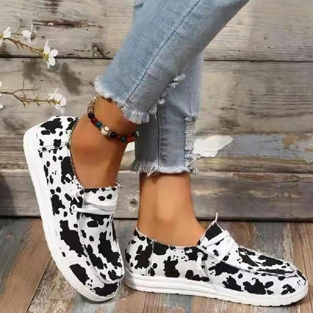Canvas Sneakers for Women Slip-Ons Flats Ladies Loafers Men Comfort Lace Up Loafers Shoes Foam Flat Shoes Lace-Up Slip On Women Comfortable Print Sneakers