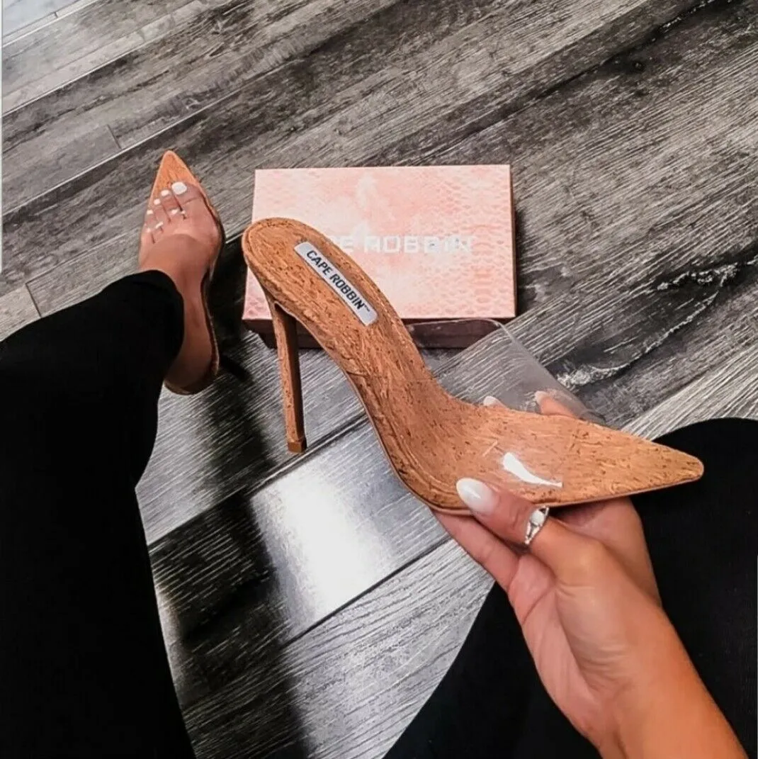 Cape Robbin MELROSE NUDE Clear Cork Slip-On Mule Pointy Open Toe Stiletto Heel
