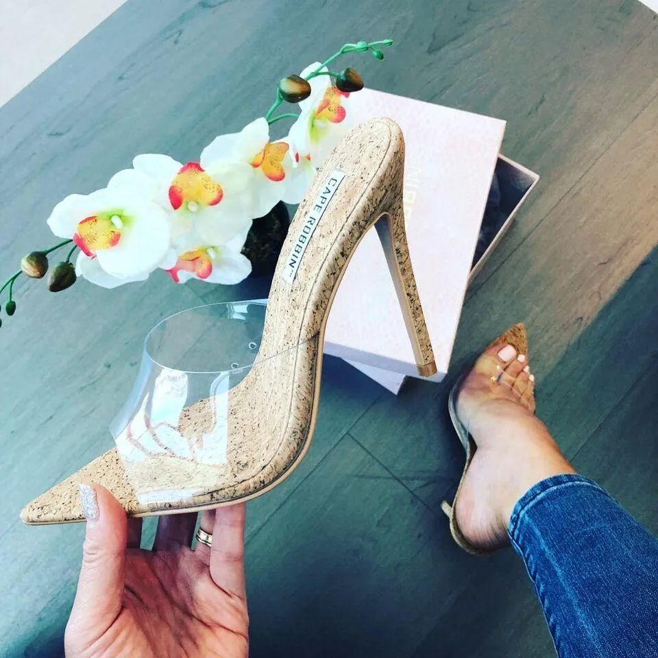 Cape Robbin MELROSE NUDE Clear Cork Slip-On Mule Pointy Open Toe Stiletto Heel