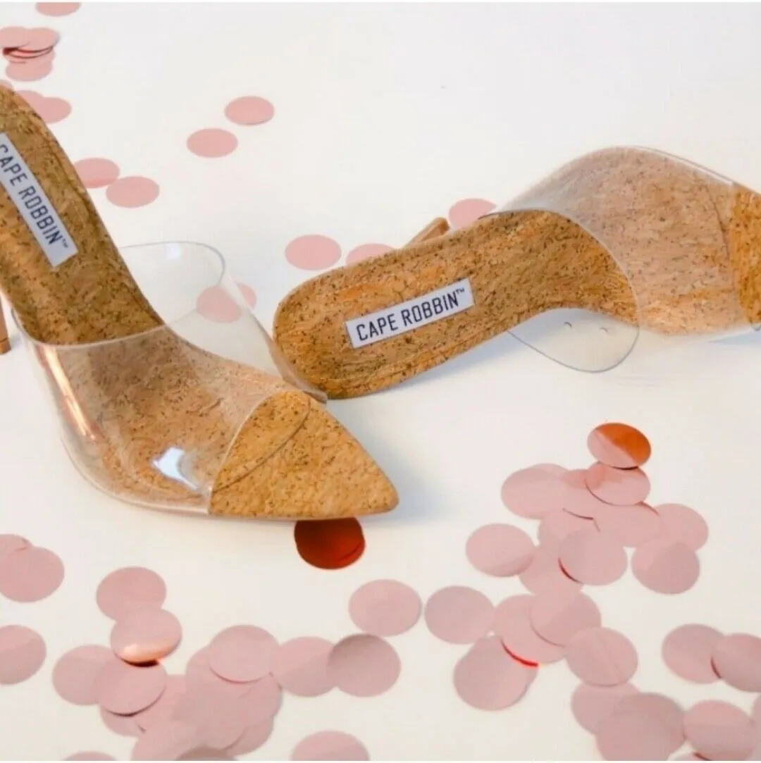 Cape Robbin MELROSE NUDE Clear Cork Slip-On Mule Pointy Open Toe Stiletto Heel