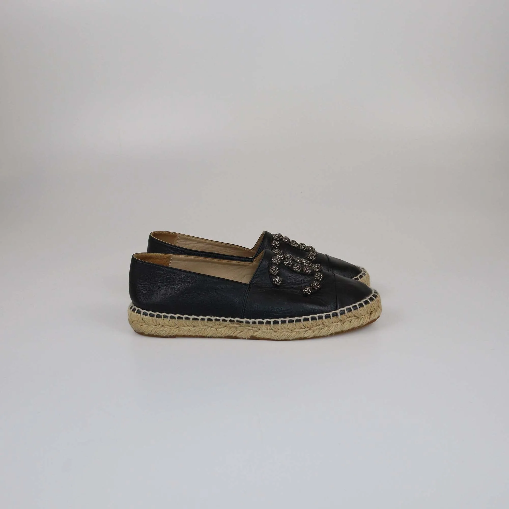 Chanel Black CC Camelia Stud Cap Toe Espadrilles Flat