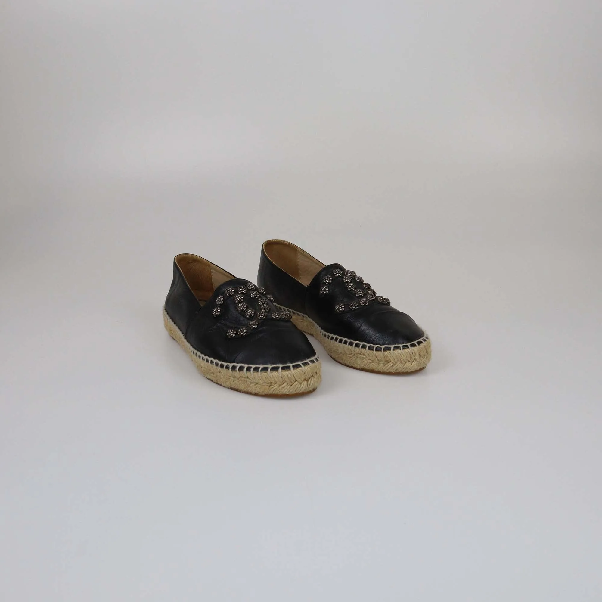 Chanel Black CC Camelia Stud Cap Toe Espadrilles Flat