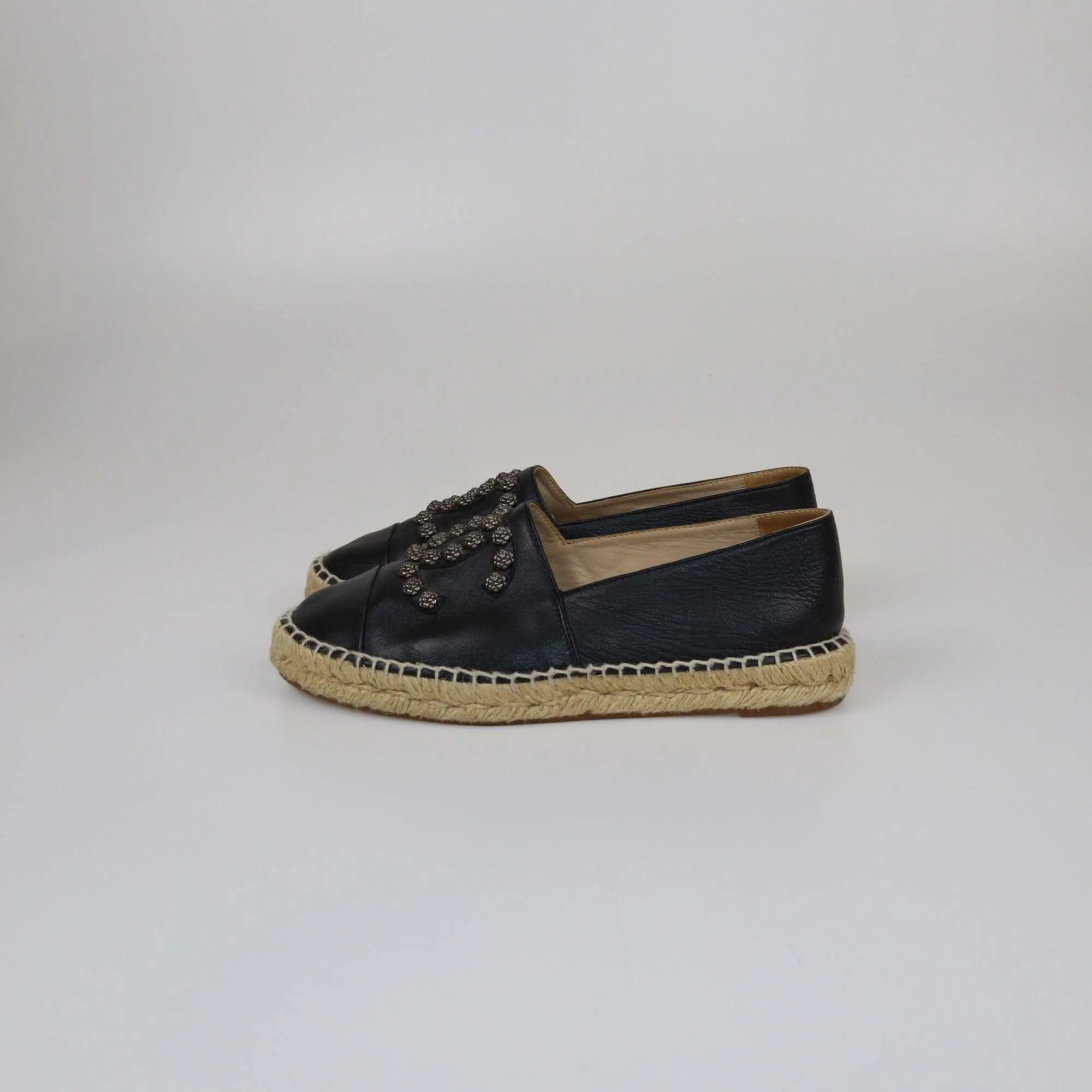 Chanel Black CC Camelia Stud Cap Toe Espadrilles Flat