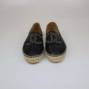 Chanel Black CC Camelia Stud Cap Toe Espadrilles Flat