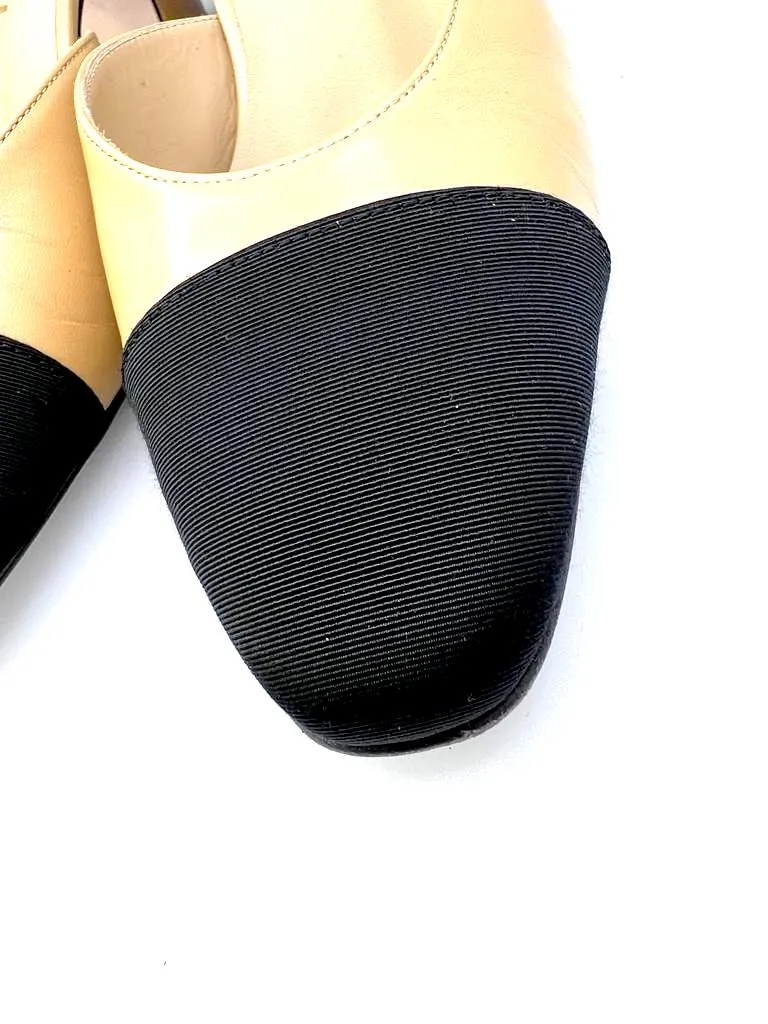 CHANEL GOATSKIN & GROSGRAIN SLINGBACK HEELS
