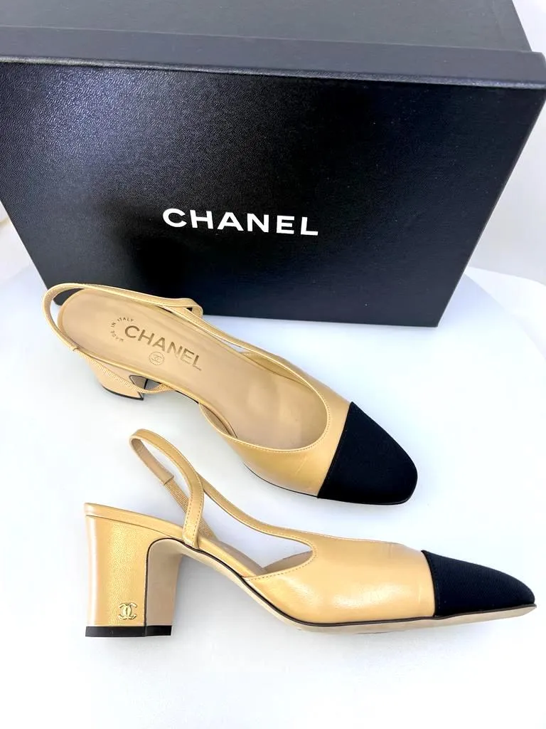 CHANEL GOATSKIN & GROSGRAIN SLINGBACK HEELS