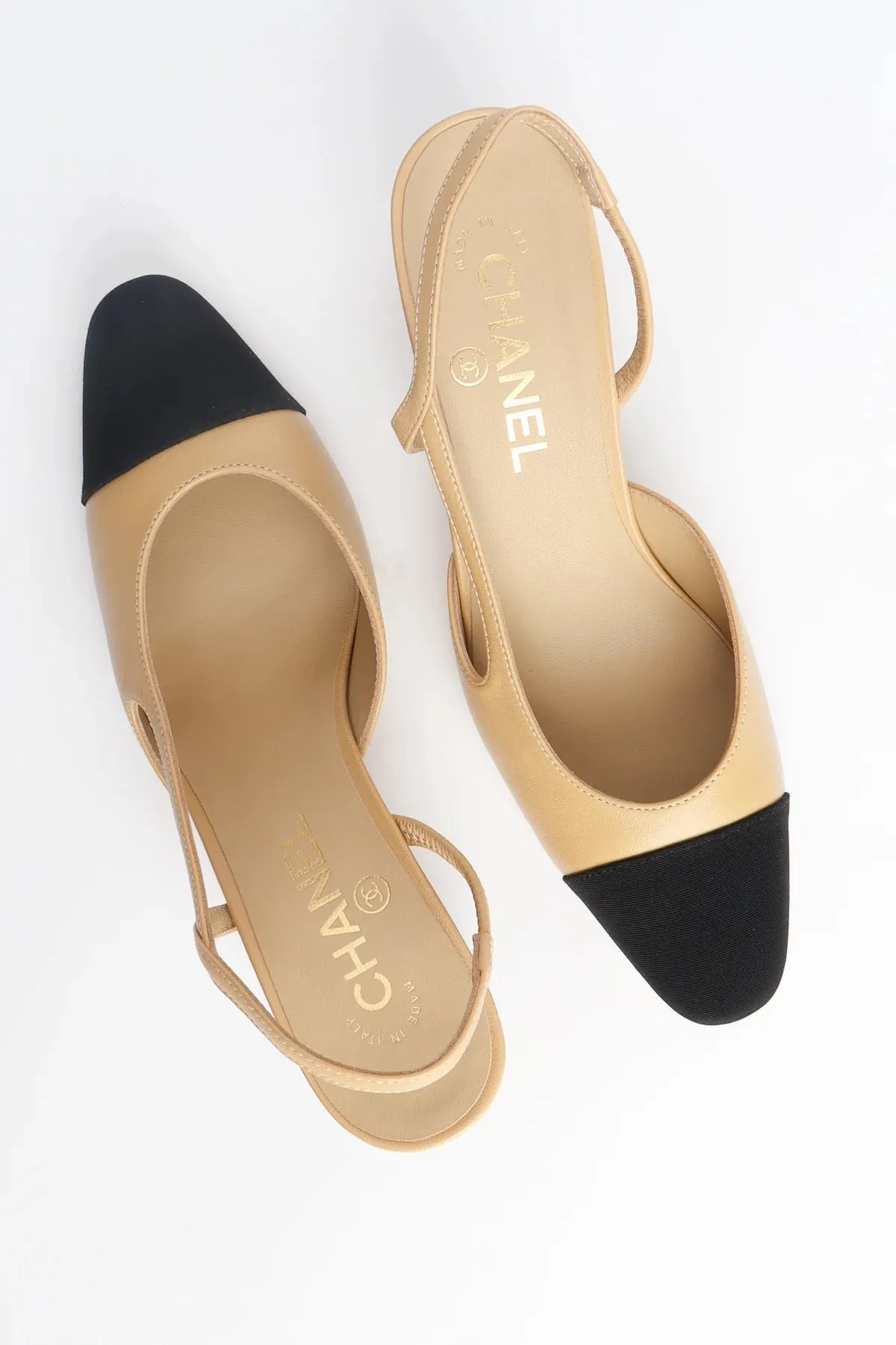 CHANEL GOATSKIN & GROSGRAIN SLINGBACK HEELS