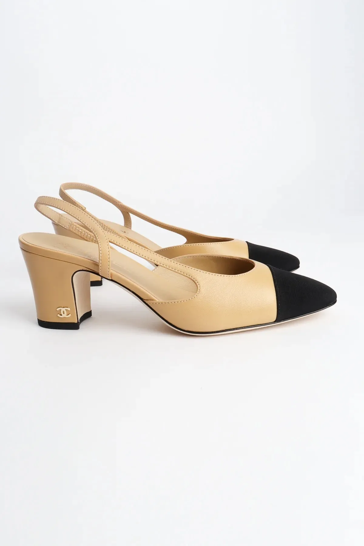 CHANEL GOATSKIN & GROSGRAIN SLINGBACK HEELS