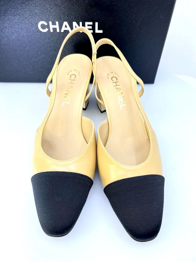 CHANEL GOATSKIN & GROSGRAIN SLINGBACK HEELS