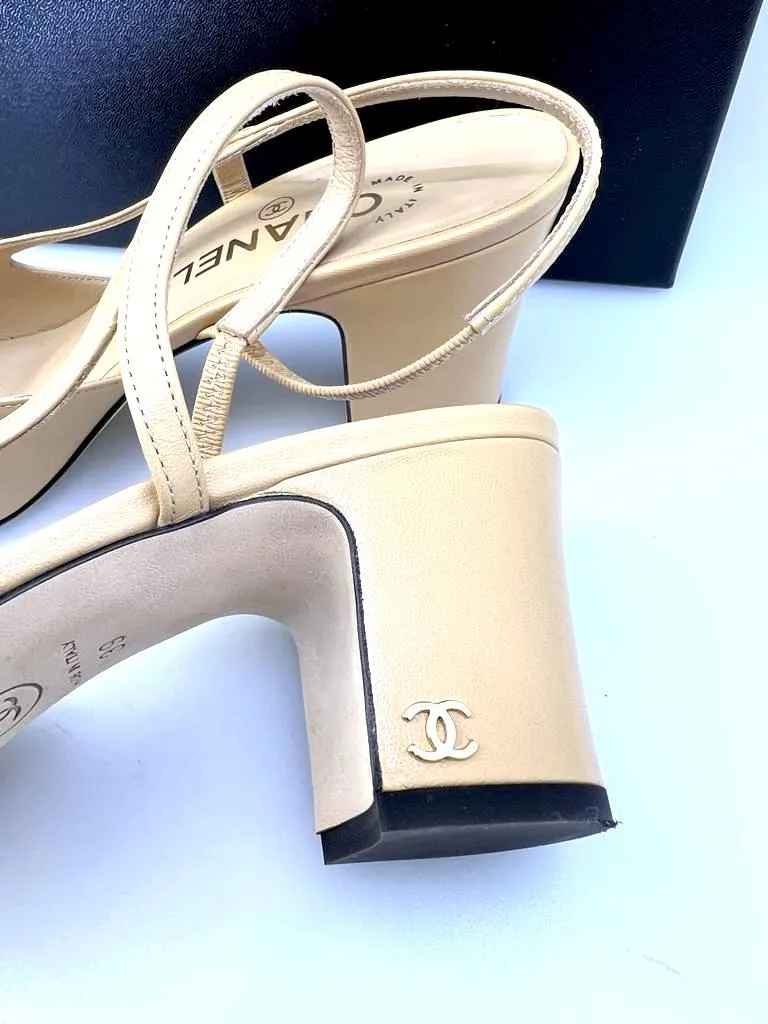 CHANEL GOATSKIN & GROSGRAIN SLINGBACK HEELS