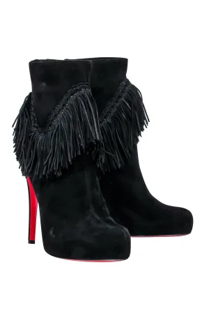 Christian Louboutin - Black Suede Platform Stiletto Ankle Booties w/ Fringe Trim Sz 10