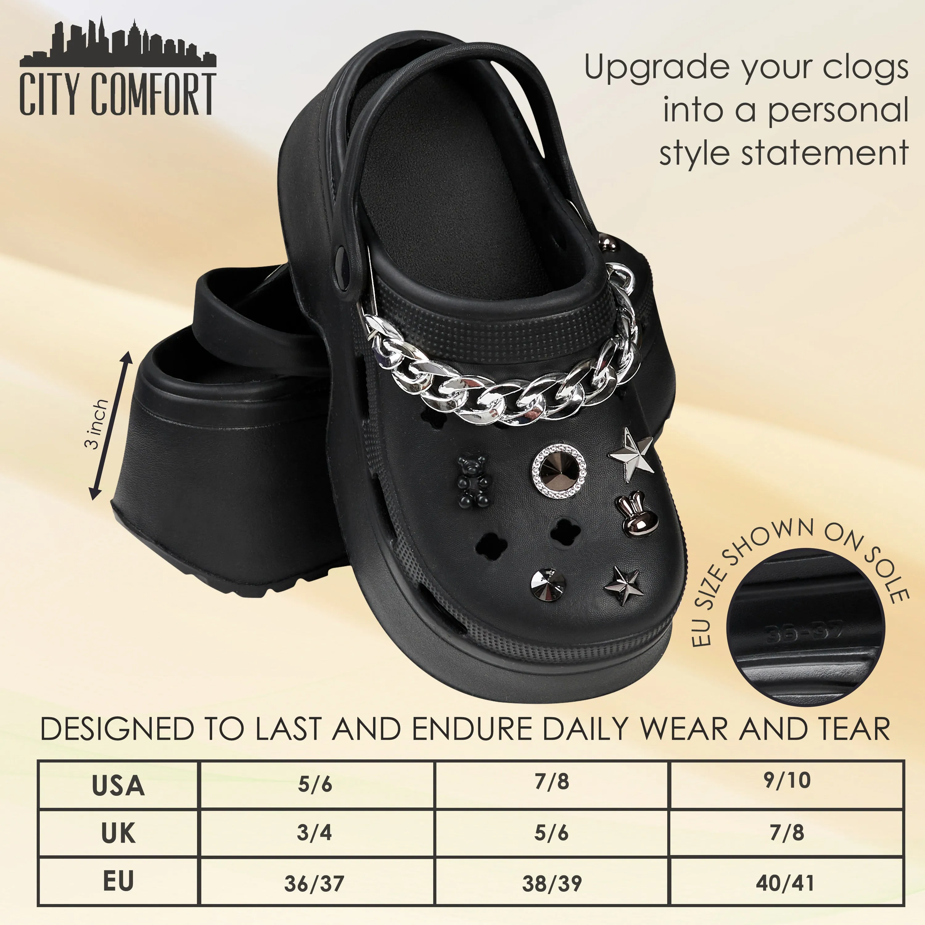 CityComfort Womens Platform Heeled Clogs with Removable Charms