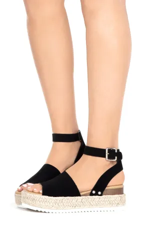 Closet Stapeles Espadrille Flatform Wedge Ankle Strap Open Toe Sandal (5.5, Black Rich Nubuck)
