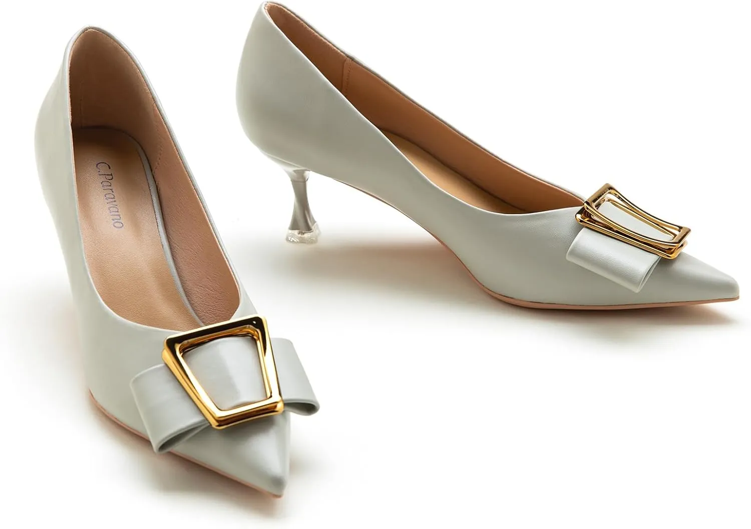 C.Paravano Women's Kitten Heel Pumps-Pointed Toe Wedding Shoes with Metal Buckle|Breathable Soft Leather for Office Attire, Cocktail Parties,Date Nights, Spring/Summer Events(Grey,Size 6)