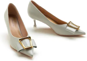 C.Paravano Women's Kitten Heel Pumps-Pointed Toe Wedding Shoes with Metal Buckle|Breathable Soft Leather for Office Attire, Cocktail Parties,Date Nights, Spring/Summer Events(Grey,Size 6)