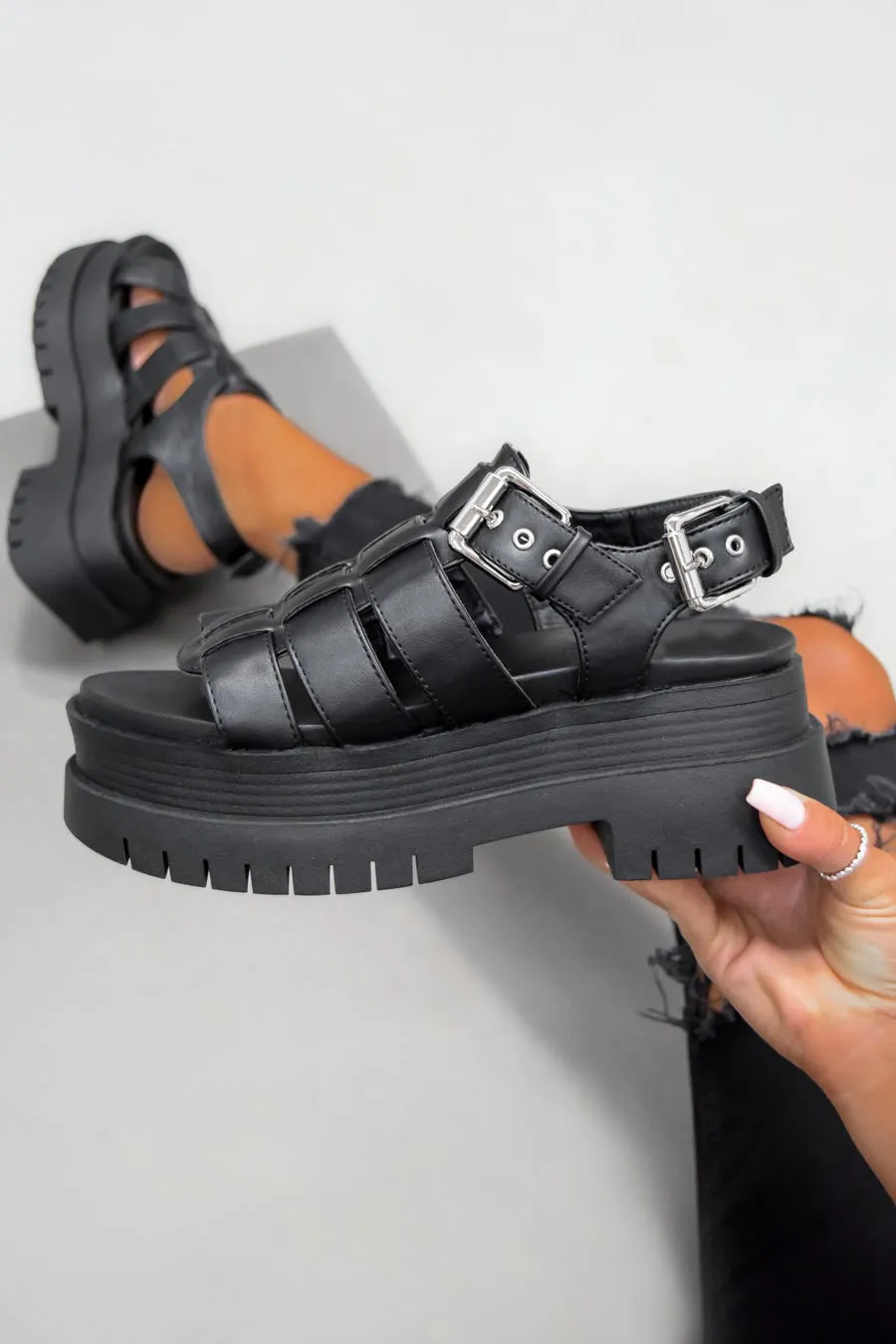 DAMAGE Super Chunky Gladiator Sandals - Black PU