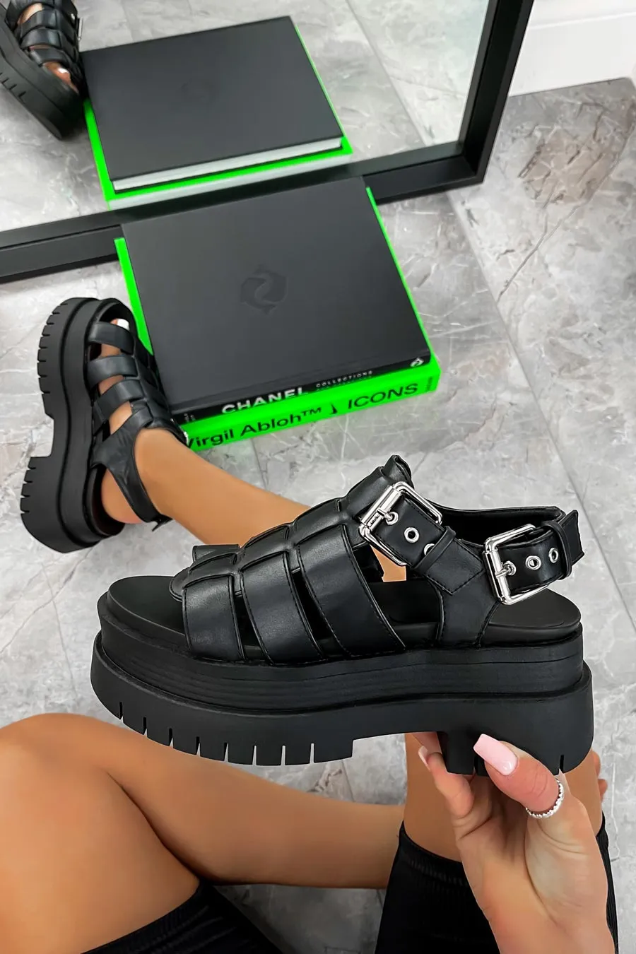 DAMAGE Super Chunky Gladiator Sandals - Black PU