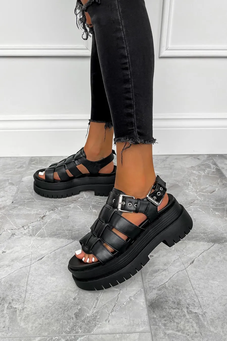 DAMAGE Super Chunky Gladiator Sandals - Black PU