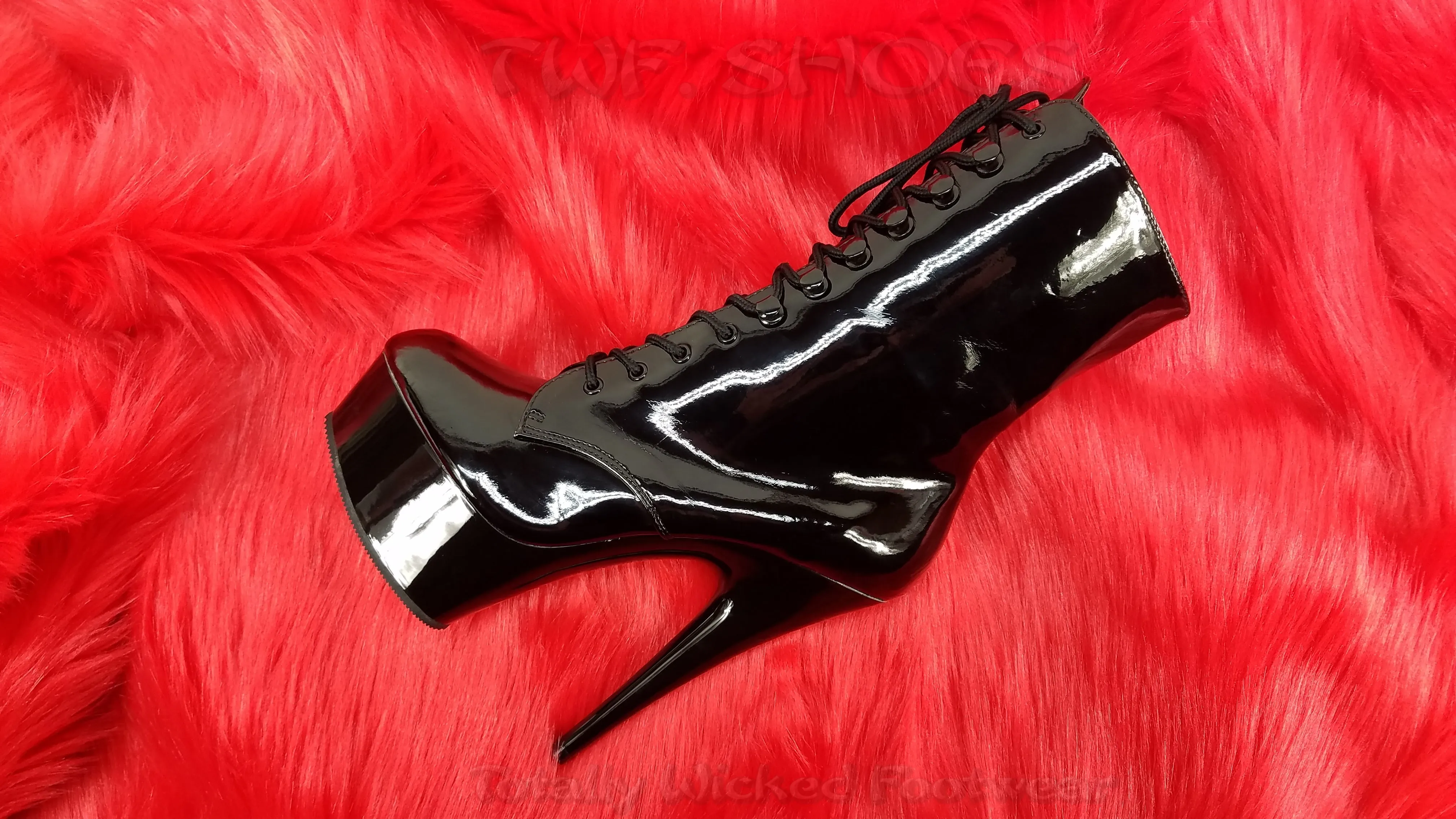 Delight 1020 Black Patent Lace Up Platform Ankle Boots - 6" High Heels - Direct