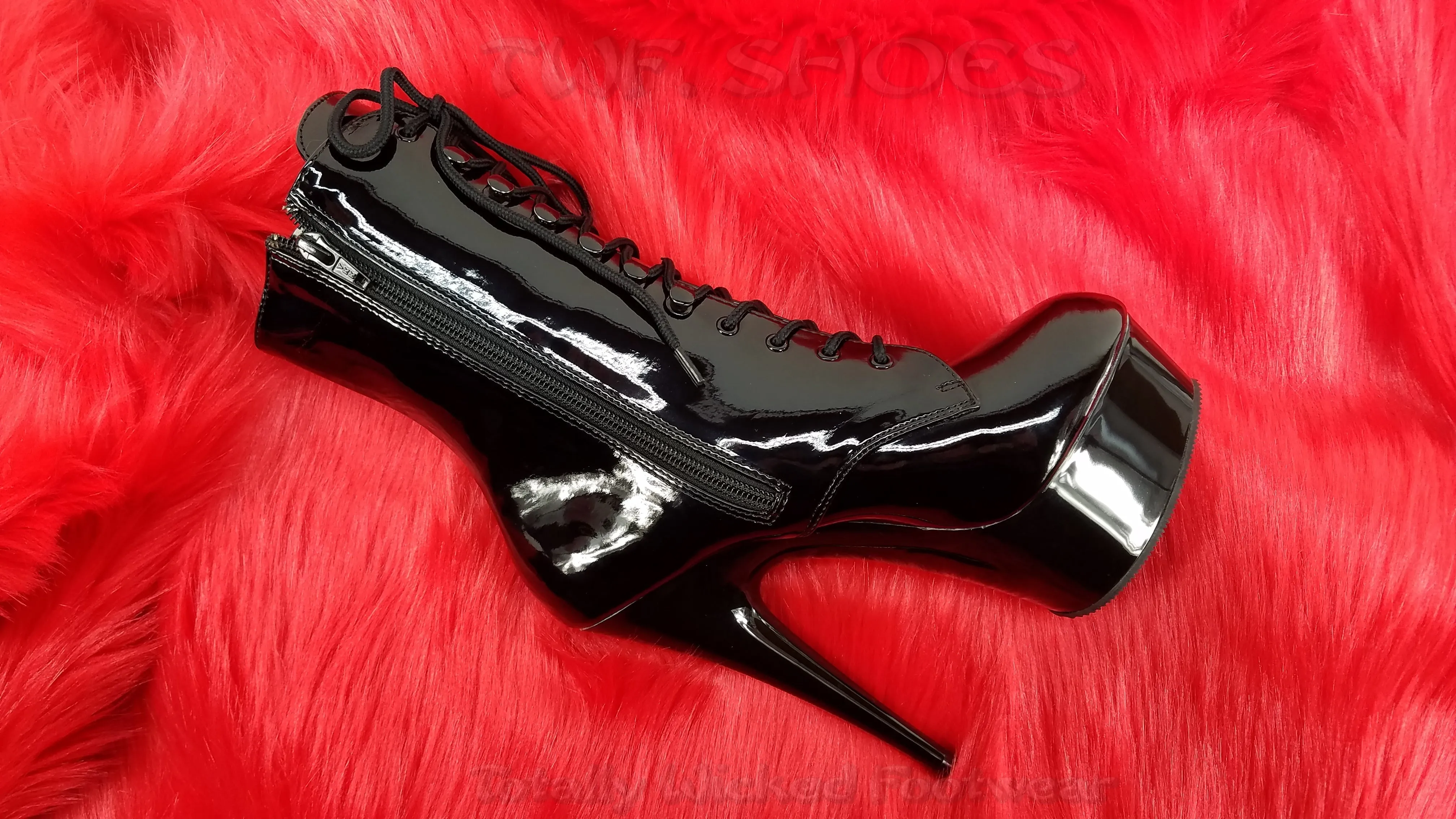 Delight 1020 Black Patent Lace Up Platform Ankle Boots - 6" High Heels - Direct
