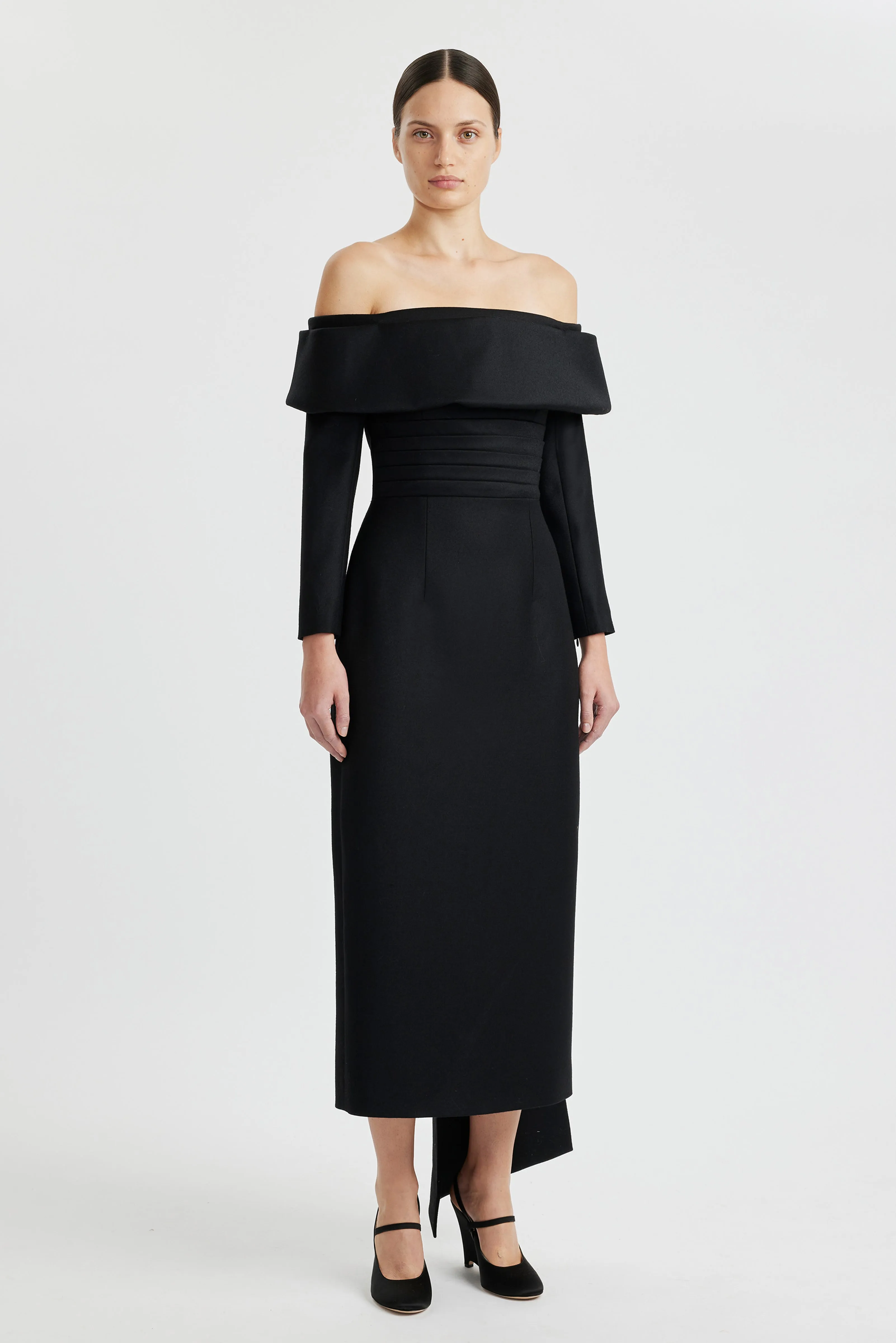 Derika Off-the-Shoulder Dress in Black Flanella