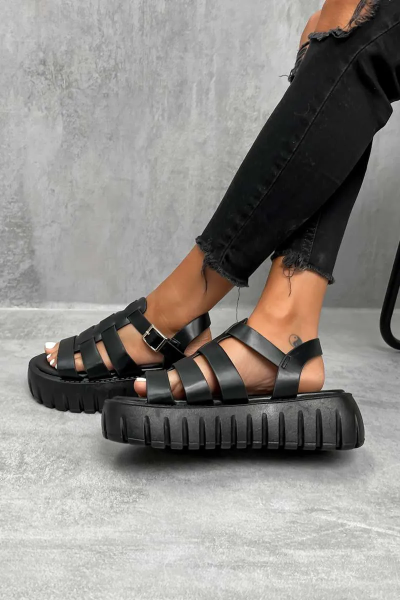 DESTRUCT Chunky Gladiator Buckle Sandals - Black PU