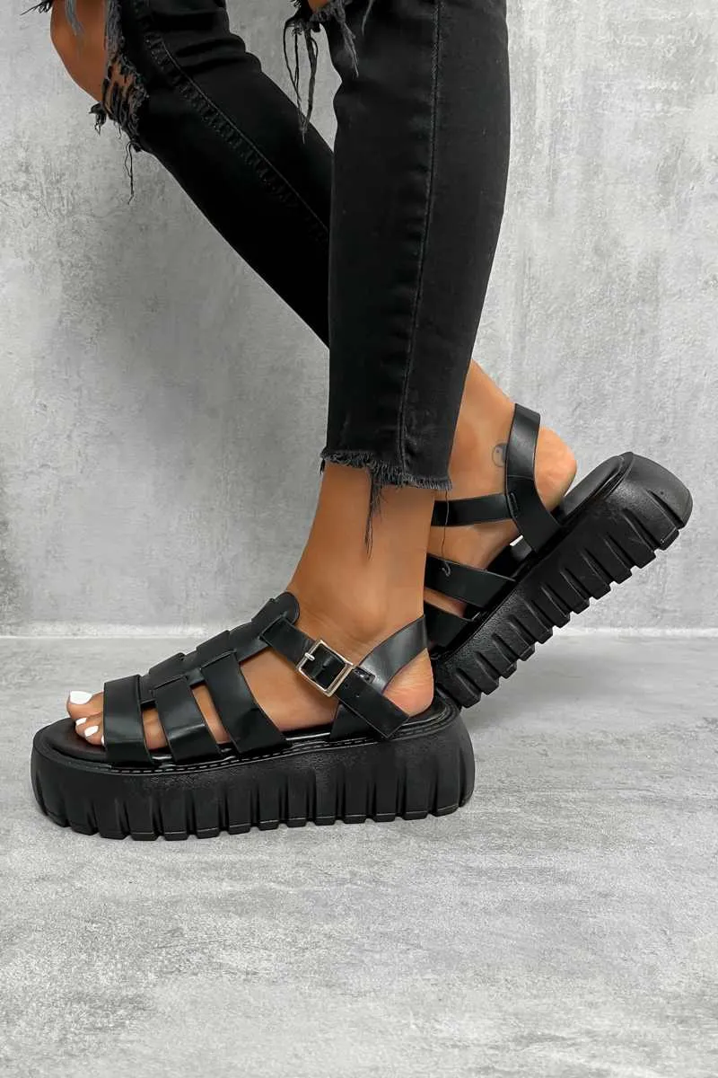 DESTRUCT Chunky Gladiator Buckle Sandals - Black PU