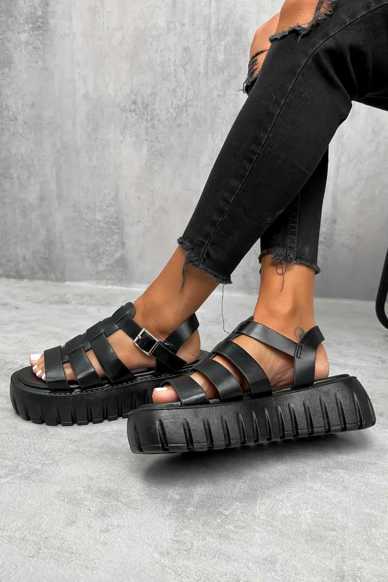DESTRUCT Chunky Gladiator Buckle Sandals - Black PU