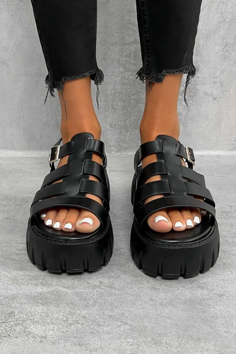 DESTRUCT Chunky Gladiator Buckle Sandals - Black PU