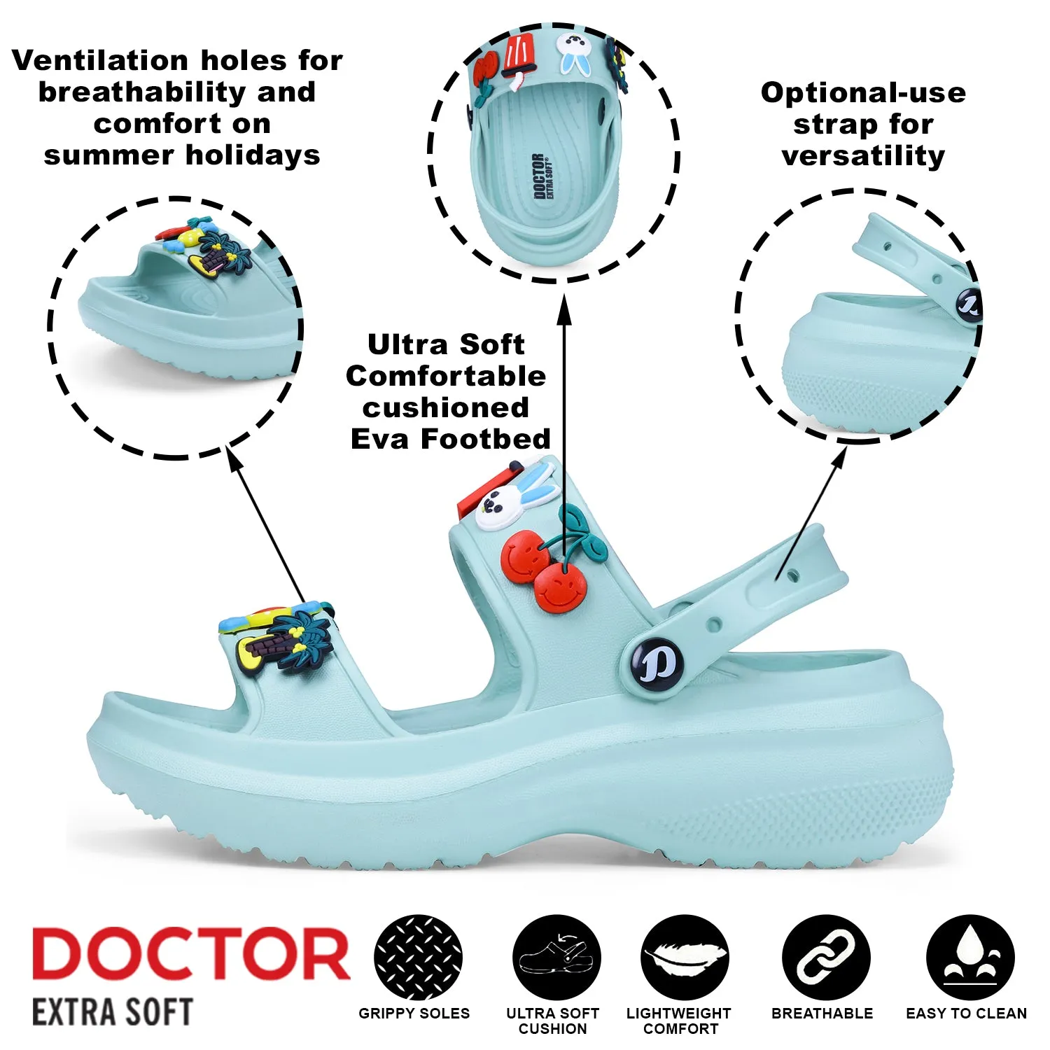 DOCTOR EXTRA SOFT D-552 Women's Classic Charms Cushion Sandals/Clogs with Adjustable Back Strap for Adult| Comfortable & LightWeight | Stylish & Anti-Skid | Waterproof Casual Daily Mules Girls/Ladies
