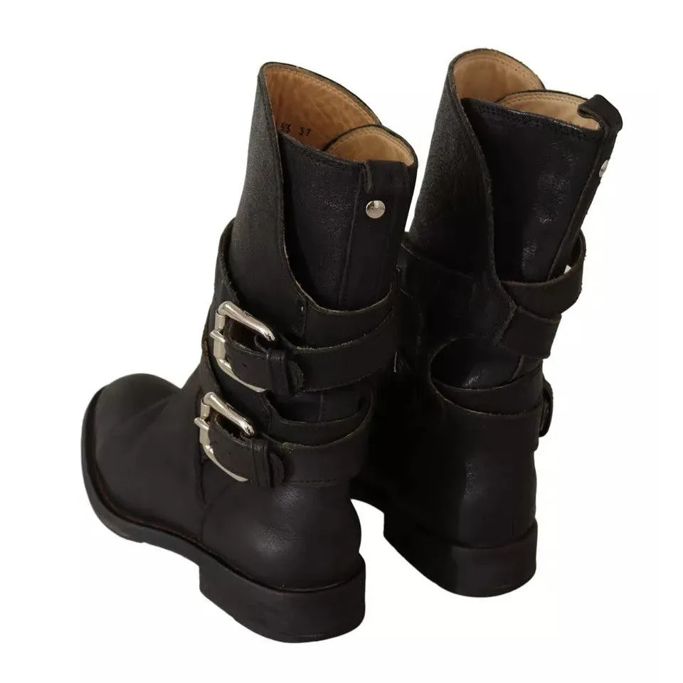 Dolce & Gabbana Black Leather Buckle Mid Calf Boots Shoes