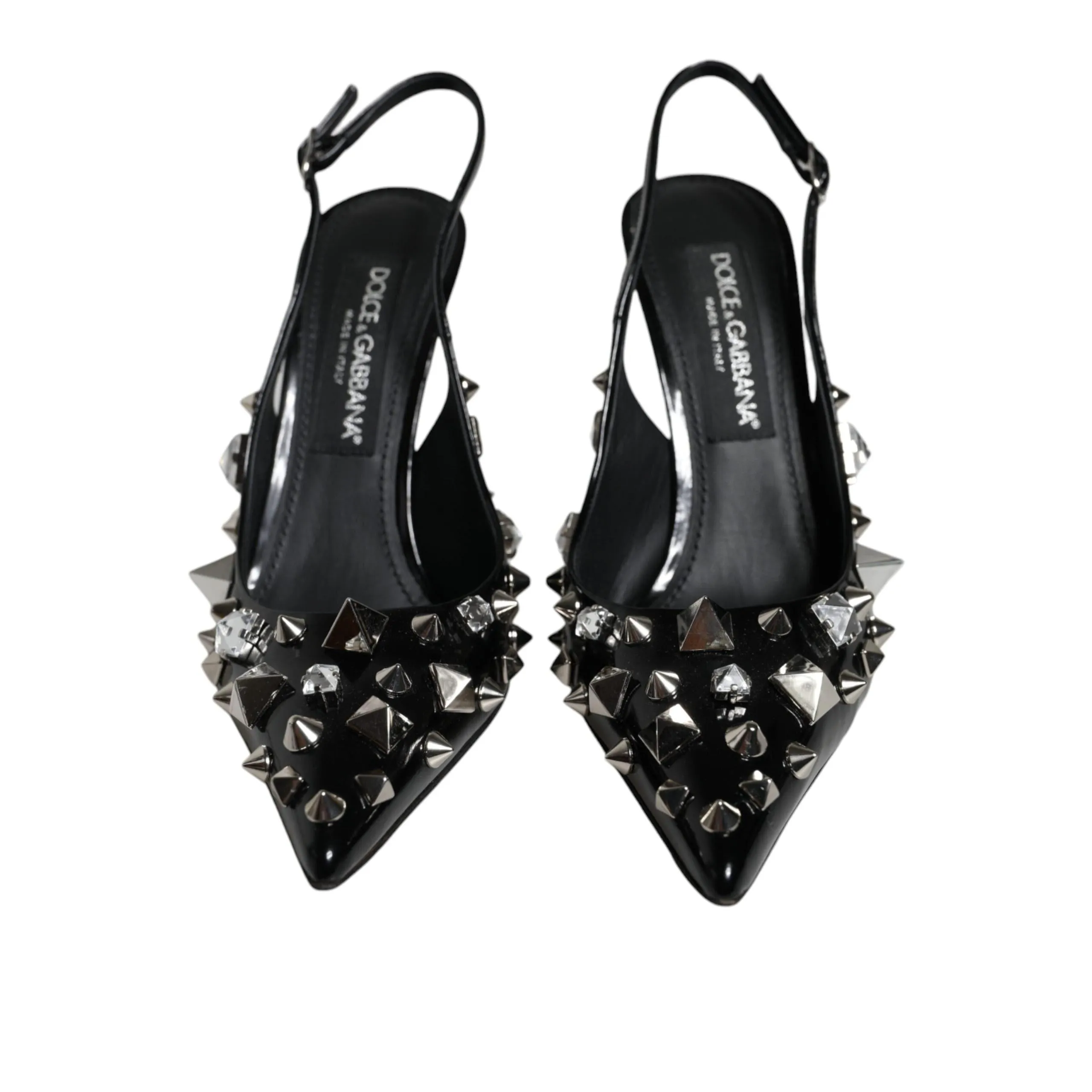 Dolce & Gabbana Black Leather Crystal Stud Slingback Shoes