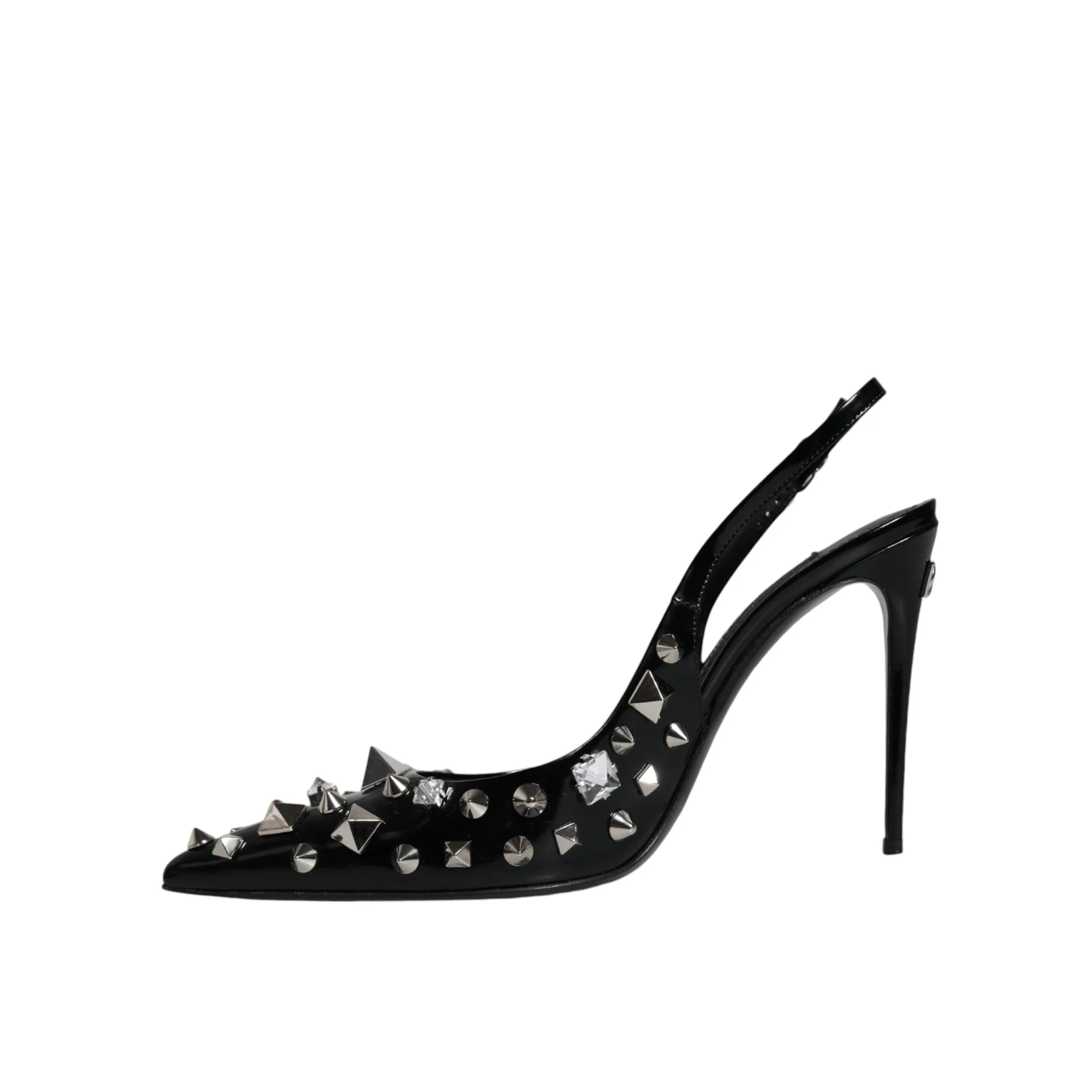 Dolce & Gabbana Black Leather Crystal Stud Slingback Shoes