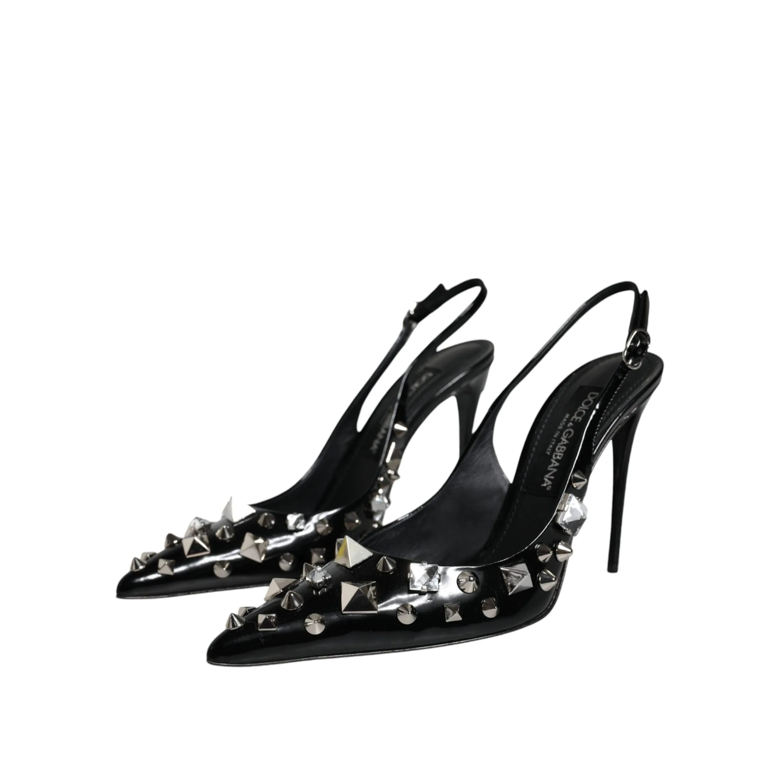 Dolce & Gabbana Black Leather Crystal Stud Slingback Shoes