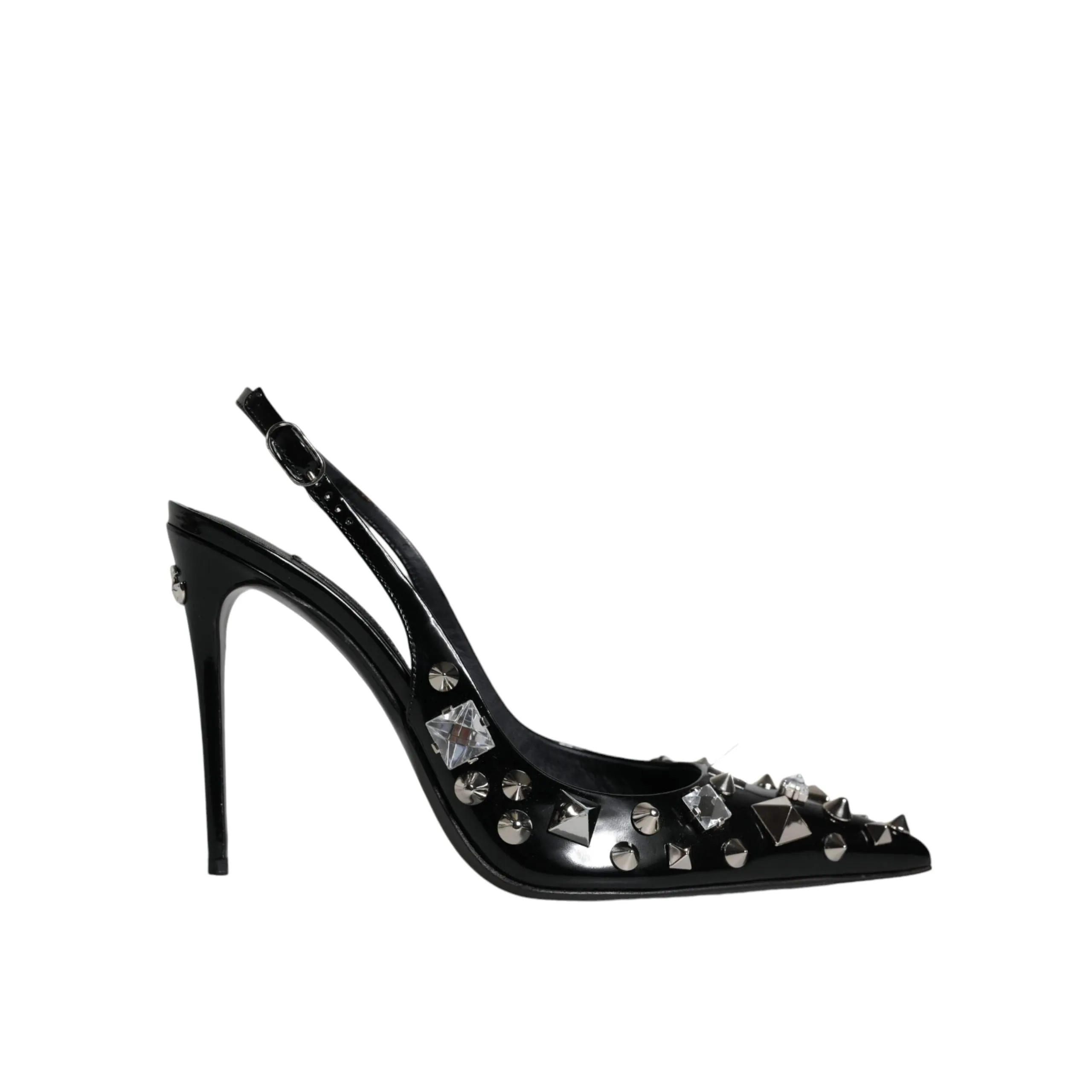 Dolce & Gabbana Black Leather Crystal Stud Slingback Shoes