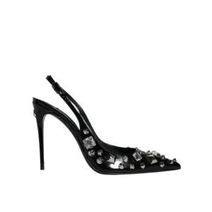 Dolce & Gabbana Black Leather Crystal Stud Slingback Shoes