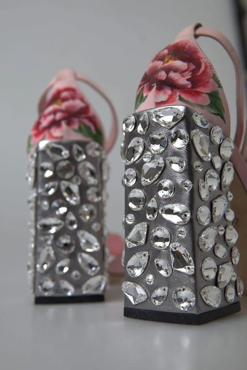 Dolce & Gabbana Pink Sandals Floral Bejeweled Block Heel Shoes