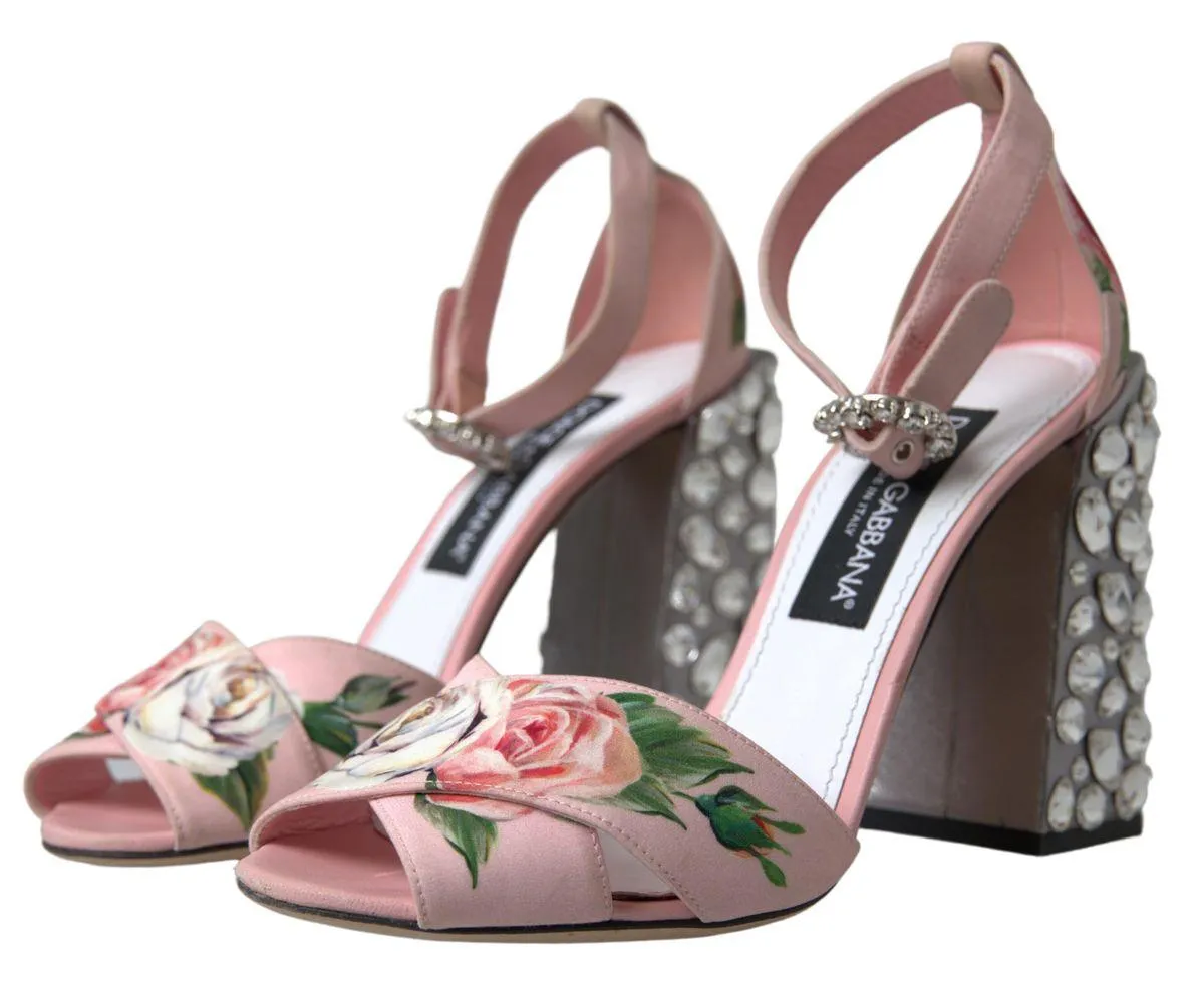 Dolce & Gabbana Pink Sandals Floral Bejeweled Block Heel Shoes