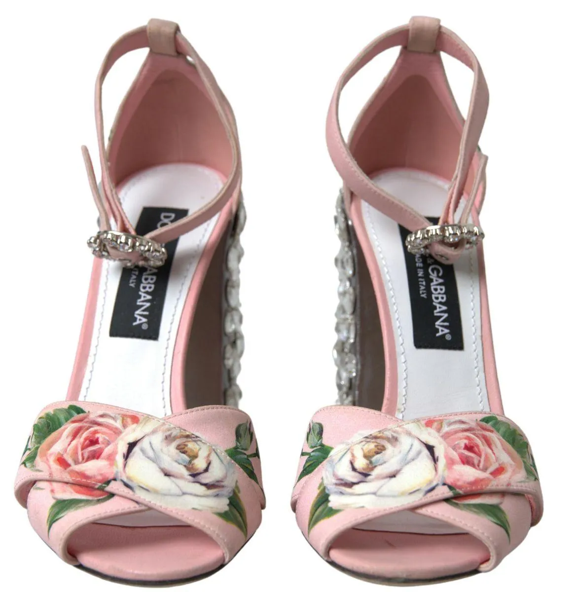 Dolce & Gabbana Pink Sandals Floral Bejeweled Block Heel Shoes