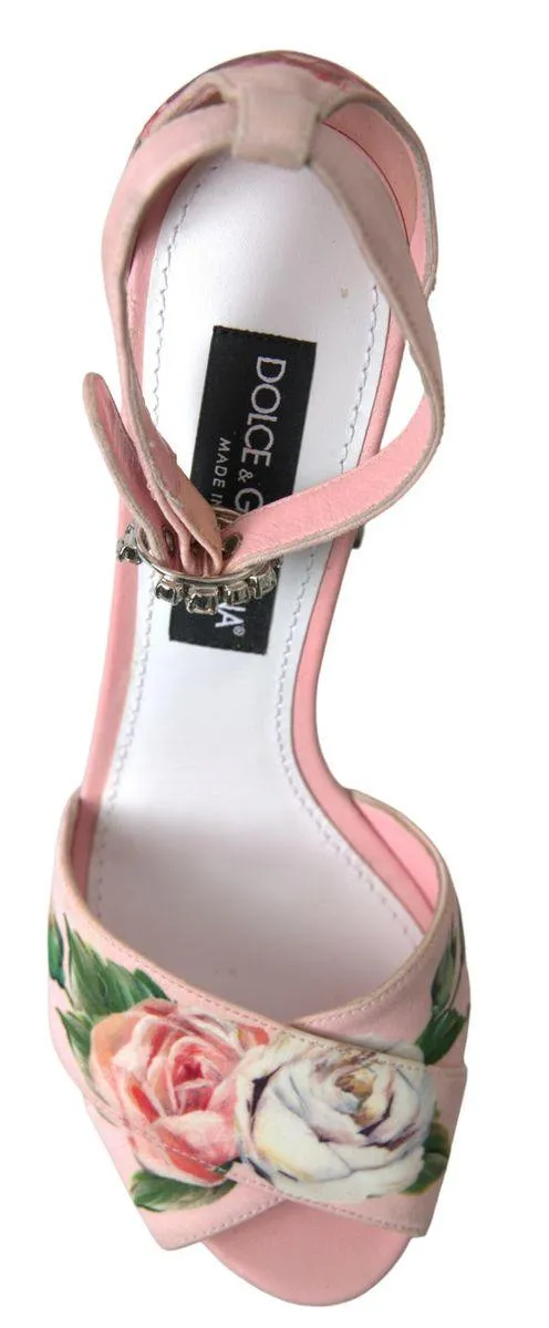 Dolce & Gabbana Pink Sandals Floral Bejeweled Block Heel Shoes