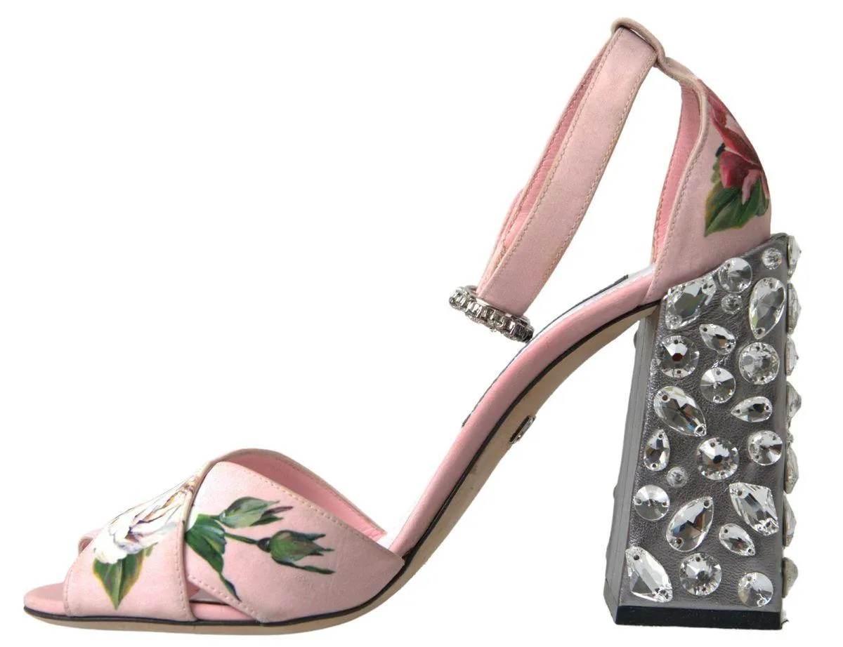 Dolce & Gabbana Pink Sandals Floral Bejeweled Block Heel Shoes