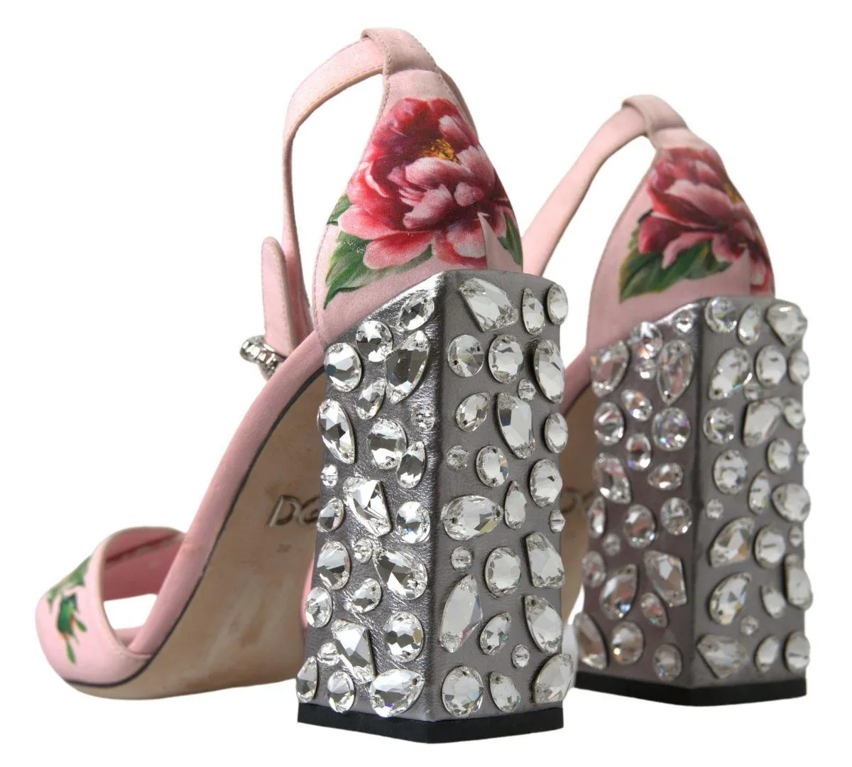 Dolce & Gabbana Pink Sandals Floral Bejeweled Block Heel Shoes