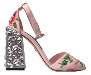 Dolce & Gabbana Pink Sandals Floral Bejeweled Block Heel Shoes