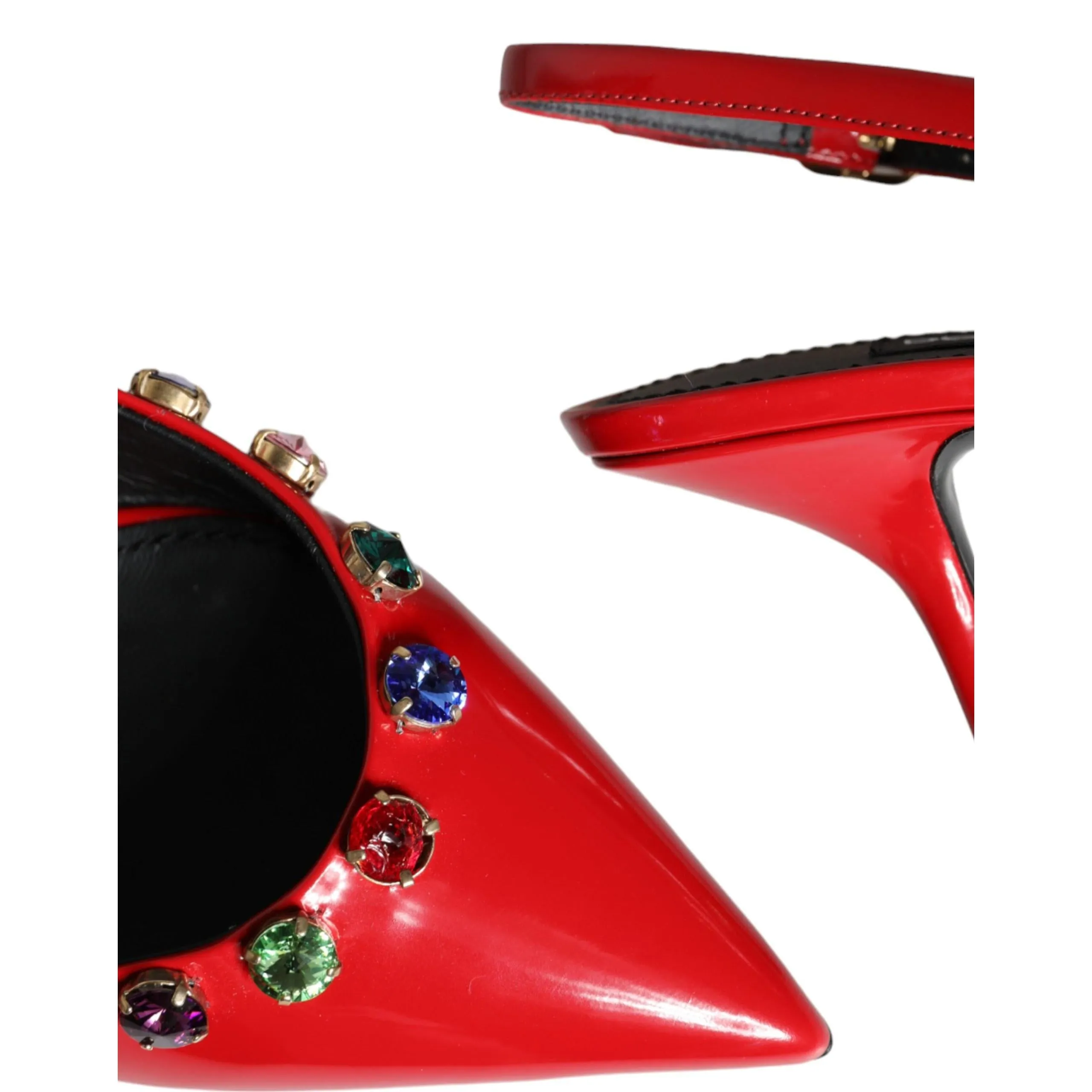 Dolce & Gabbana Red Leather Crystal Heels Slingback Shoes