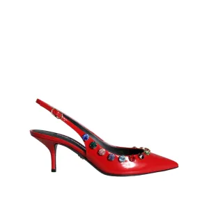 Dolce & Gabbana Red Leather Crystal Heels Slingback Shoes