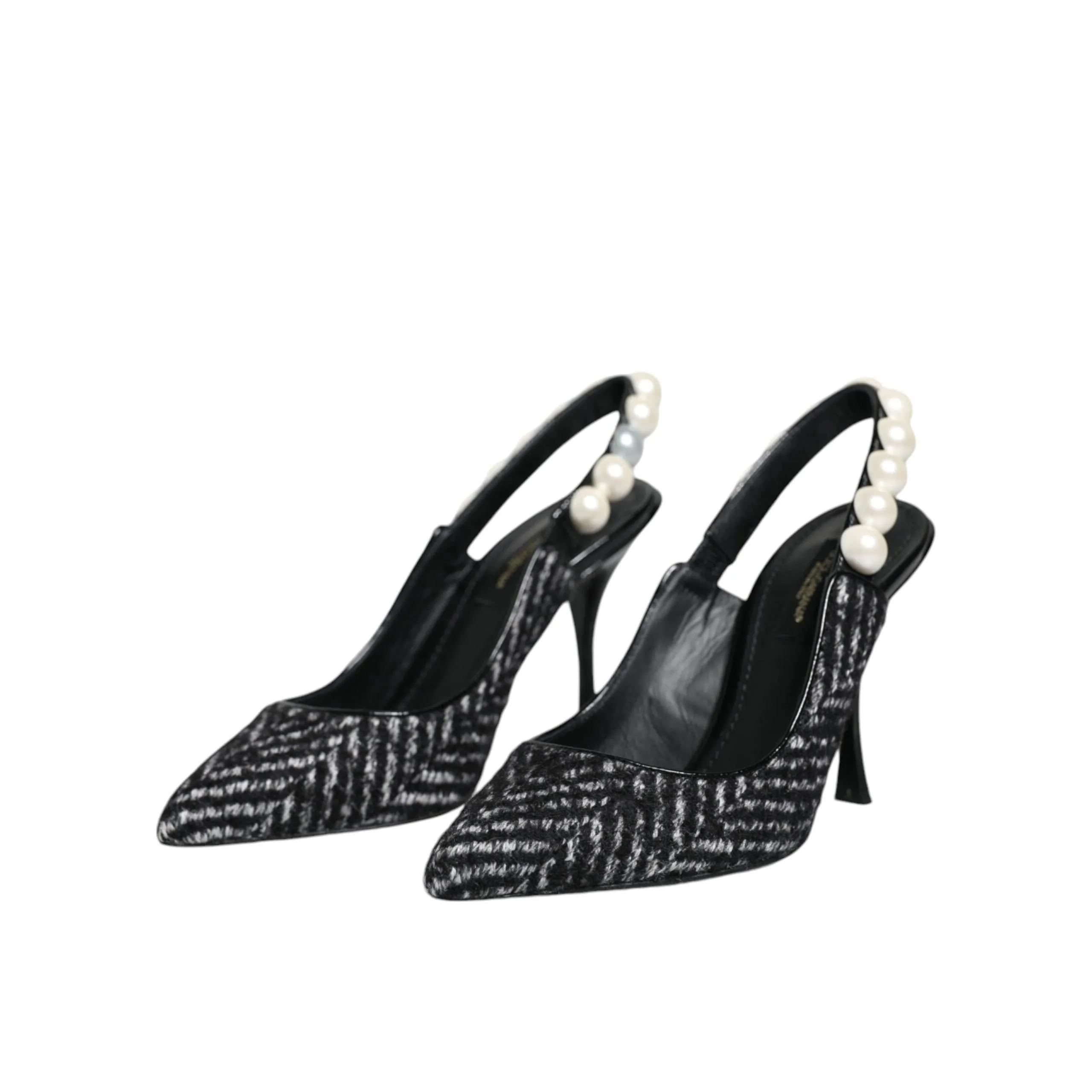 Dolce & Gabbana White Black Chevron Faux Pearl Slingback Shoes